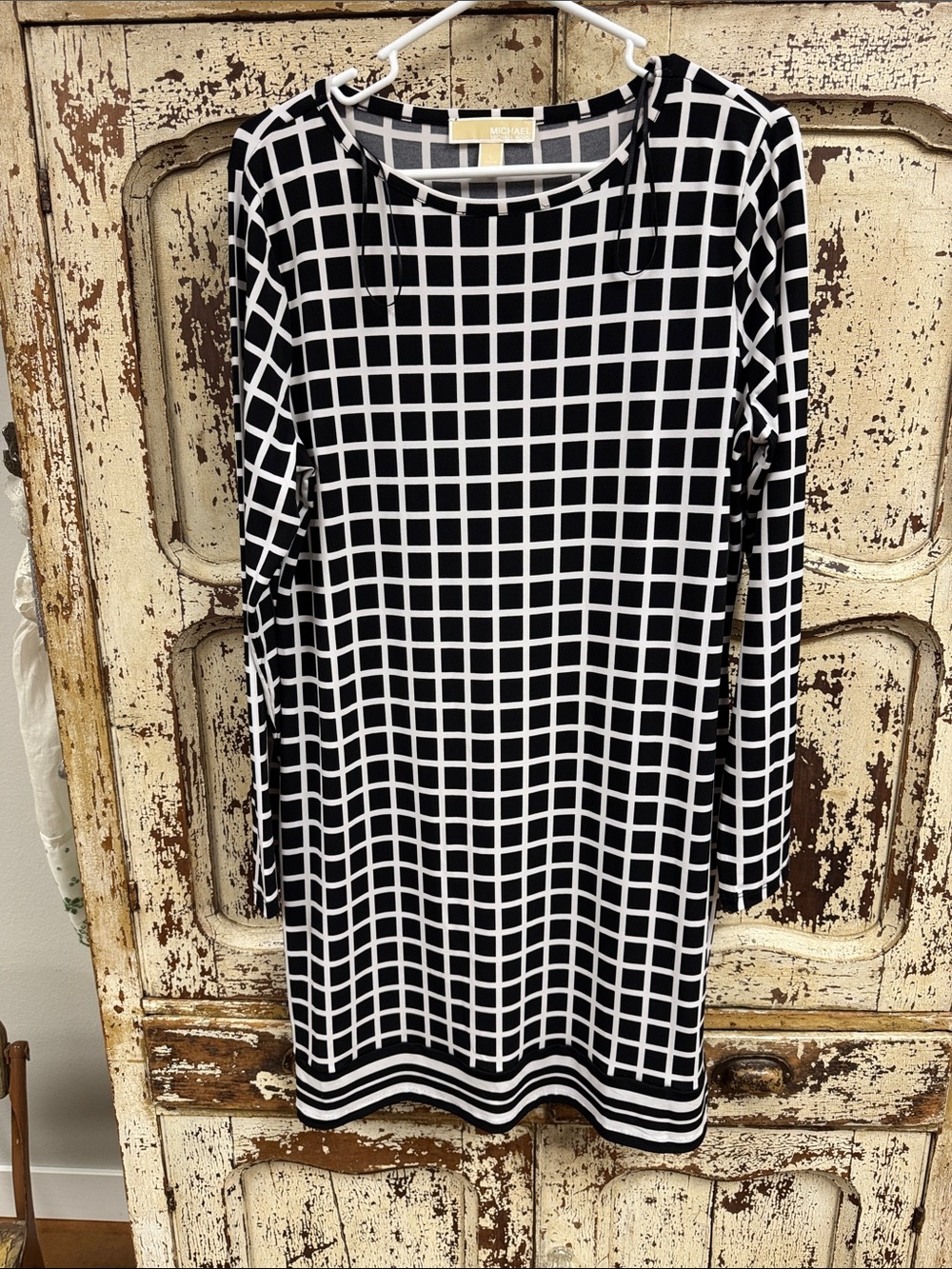 L Michael Kors Black & White Grid Print Long Sleeve Dress